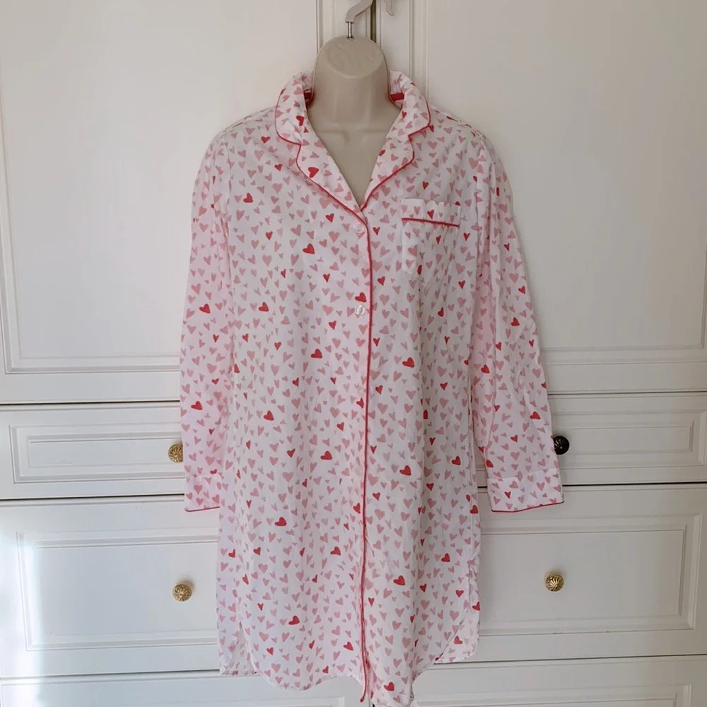 The company store button down long sleeve shirt nightgown hearts size XS white
